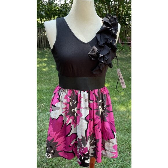 Elle Black & Pink Floral Dress With Ruffle One-Shoulder Detail XS - Picture 3 of 15